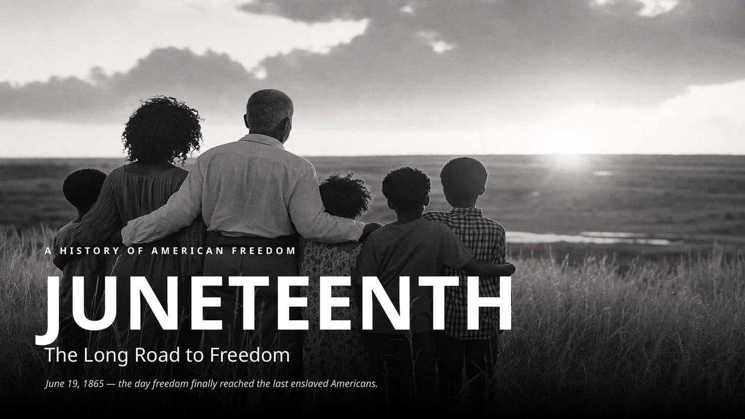 Version 1 title slide of the Juneteenth keynote, a real AskDeck production — black-and-white photograph of a family watching the horizon.