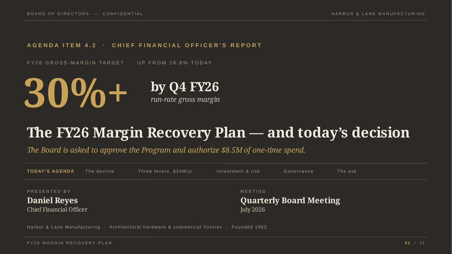Harbor & Lane — an FY26 board briefing — slide 1 of 11