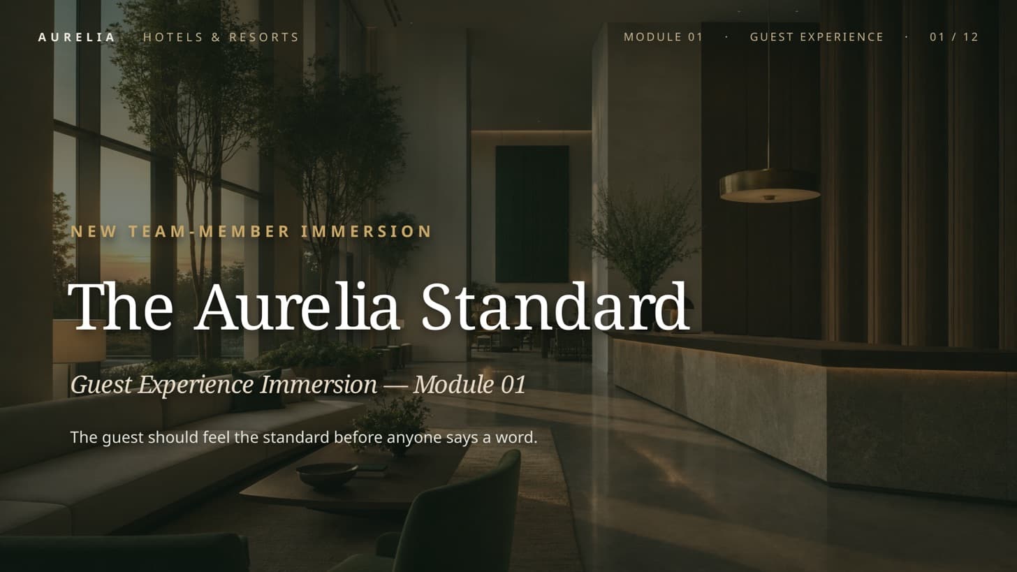 The Aurelia Standard — a guest-experience training module — slide 1 of 12
